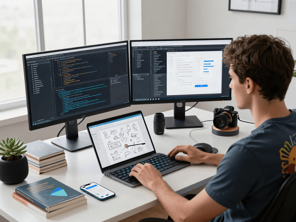 Développeur logiciel travaillant sur Atlas pro avec des écrans modernes et une atmosphère inspirante.