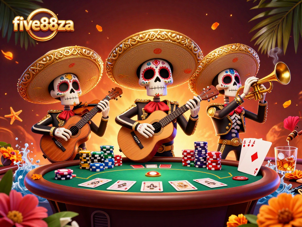 Experience vibrant five88za casino action with lively mariachi band at a poker table.