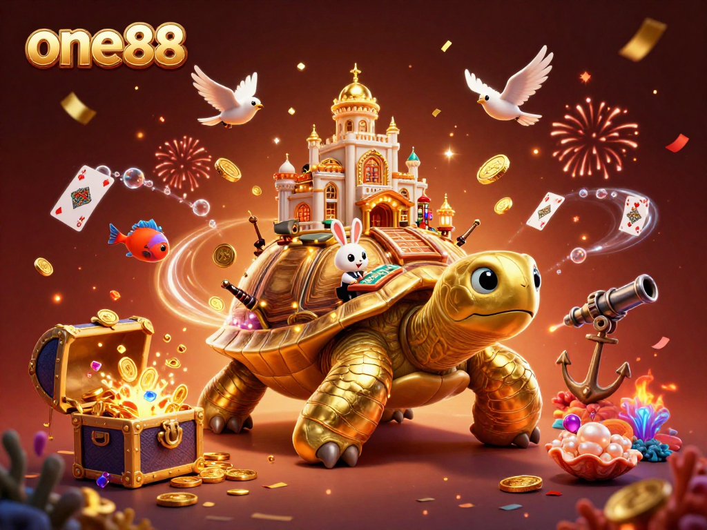 Experience the thrill of one88 with a vibrant 3D illustration showcasing dynamic casino action and festive elements.