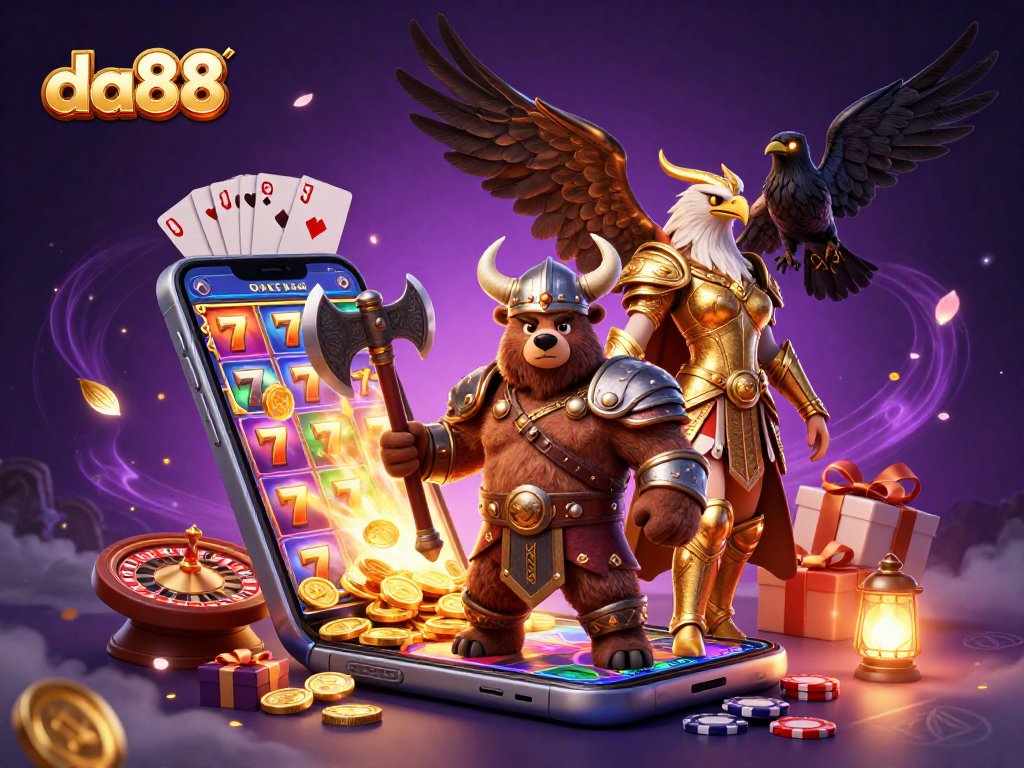 da88 features a Viking bear and Valkyrie eagle amidst colorful casino elements.