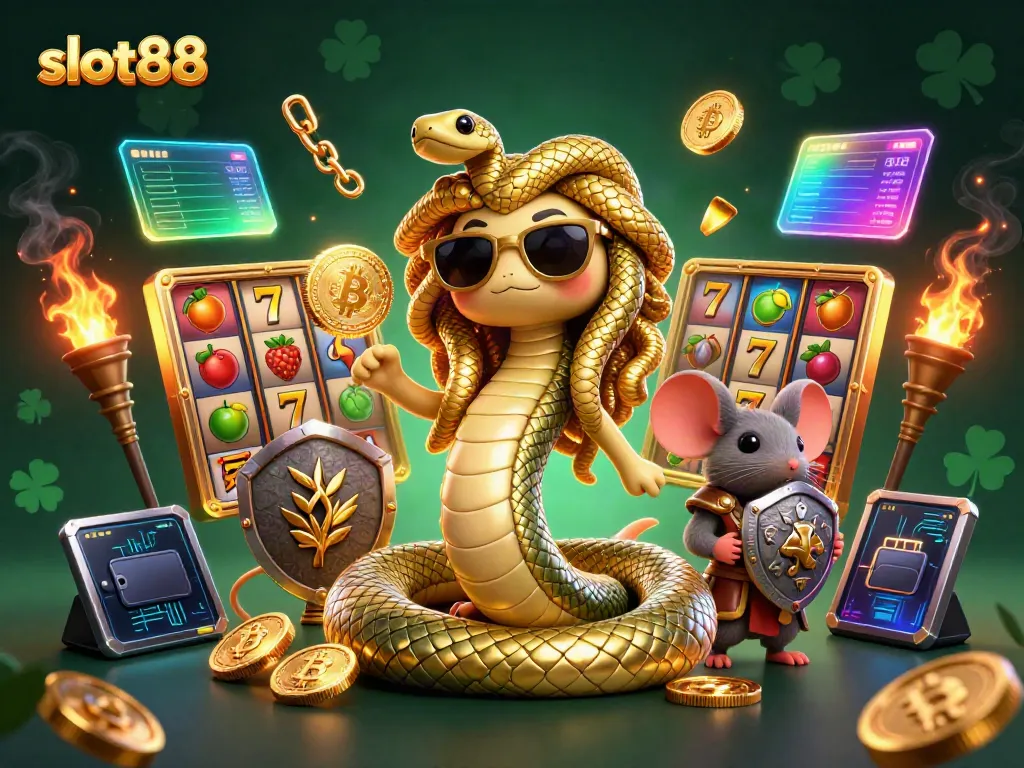 Spin the wheels of slot88 featuring Medusa and a warrior mouse amidst dazzling casino elements.