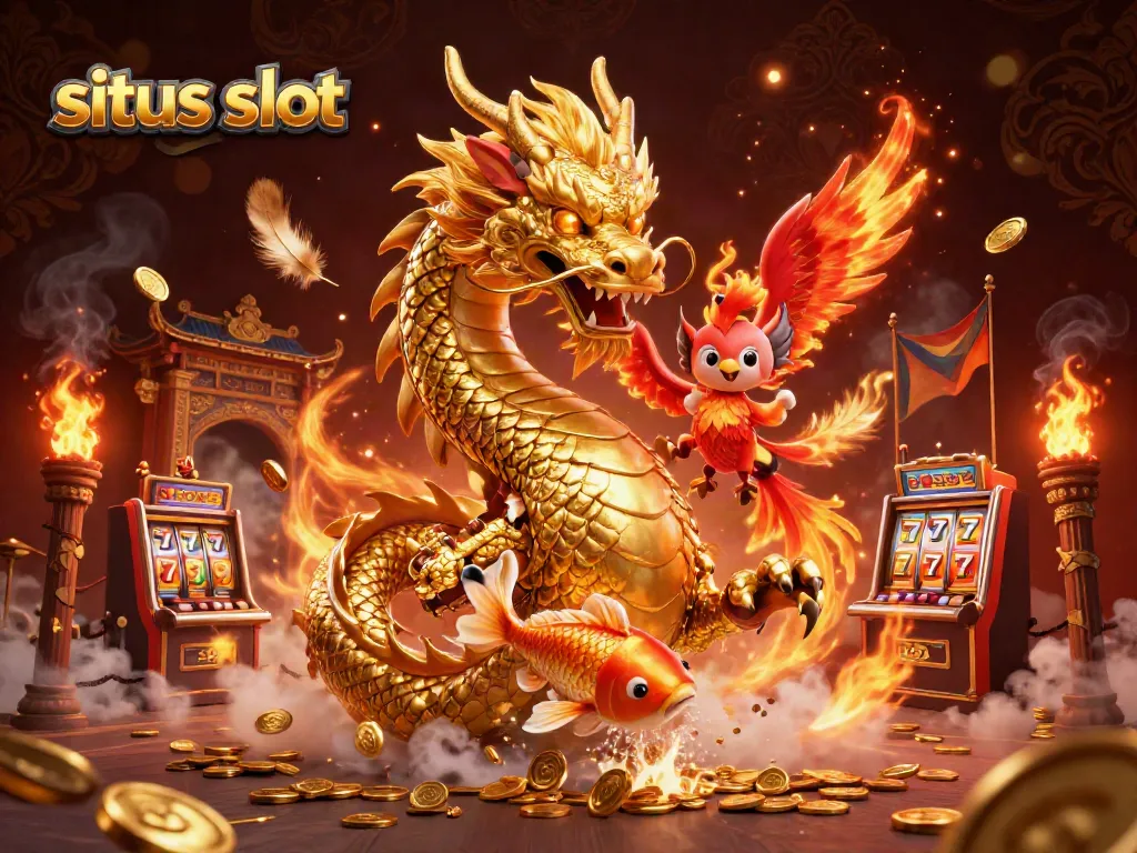 Experience exciting gaming action at situs slot with a fierce dragon and phoenix surrounded by vibrant casino elements.