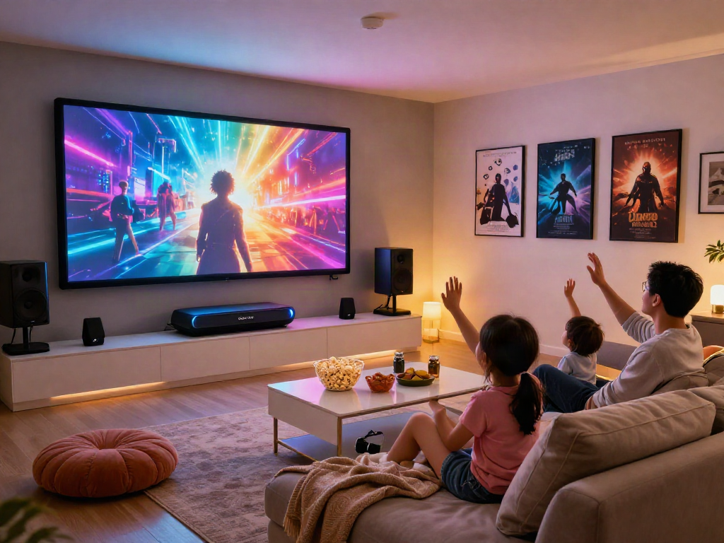 Family enjoying movie night with Iron TV Pro in a cozy home theater