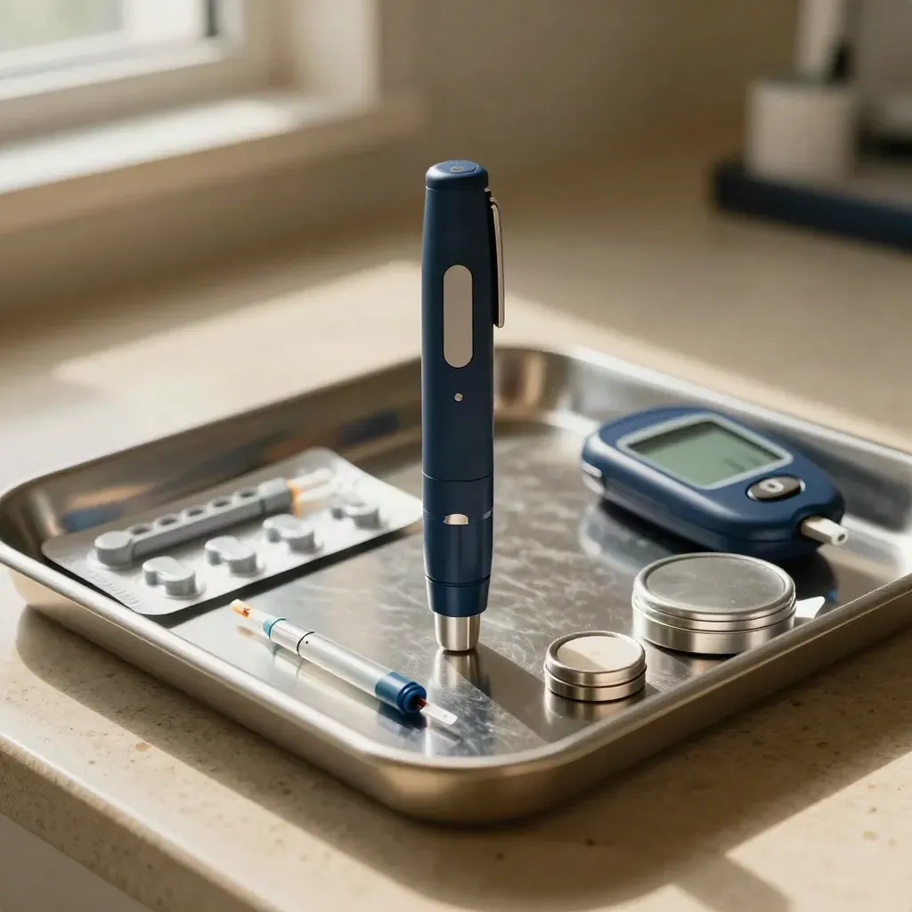 Stylo à insuline bleu, aiguilles, capteur CGM, lecteur glycémique et boîte d’hypoglycémie sur un plateau.