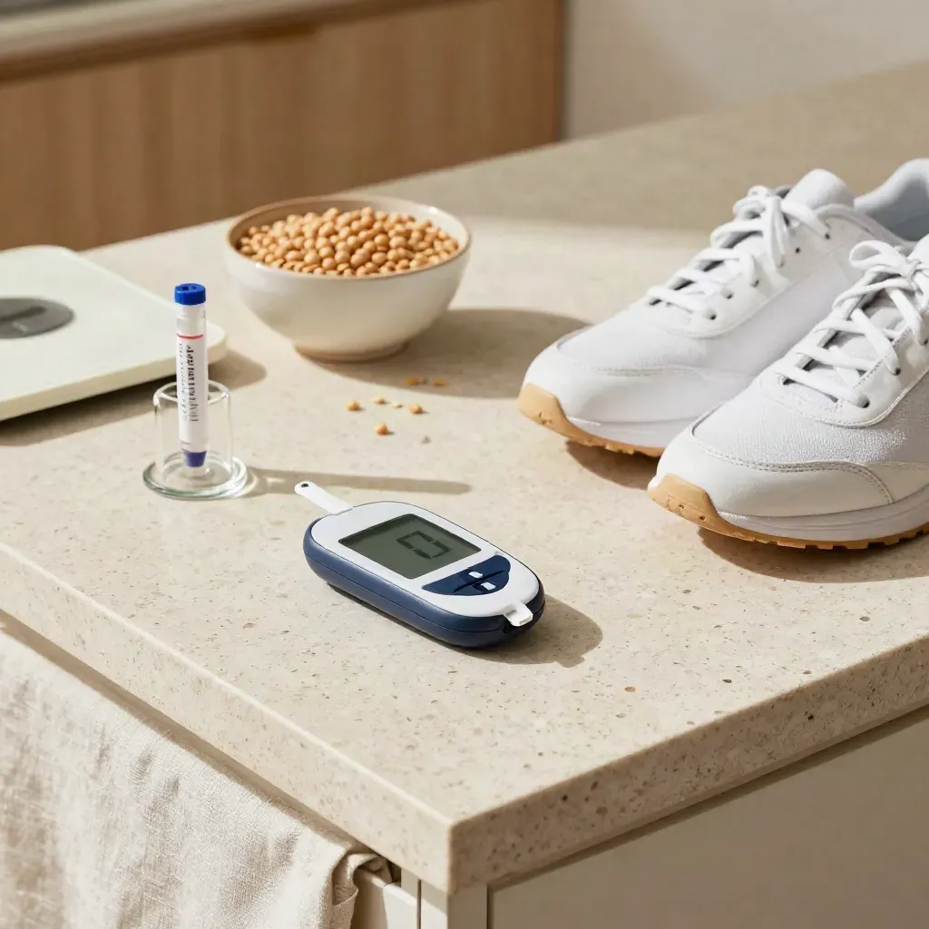 Sur un plan en travertin, lecteur glycémique, tube HbA1c, balance, légumineuses et chaussures.
