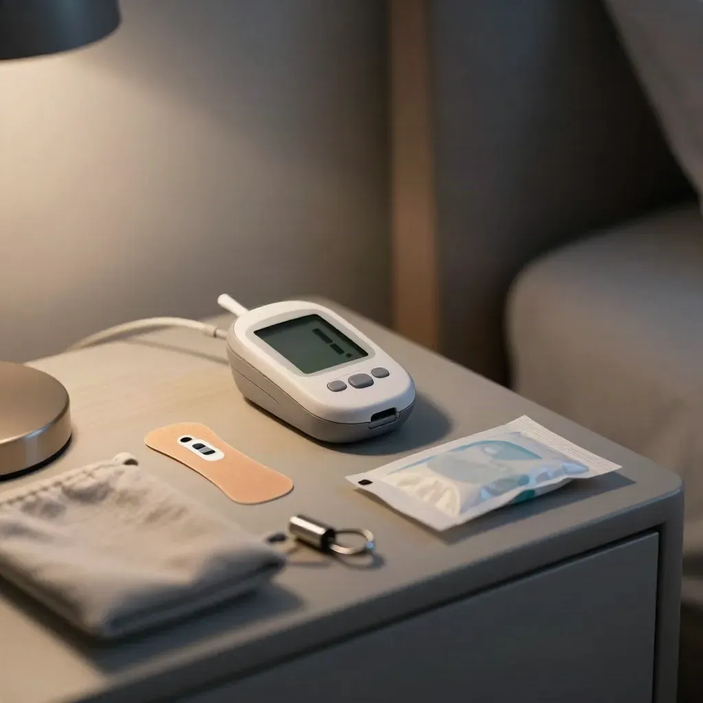Lecteur CGM sur table de nuit, avec socle de charge, capteur et adhésif prêts.