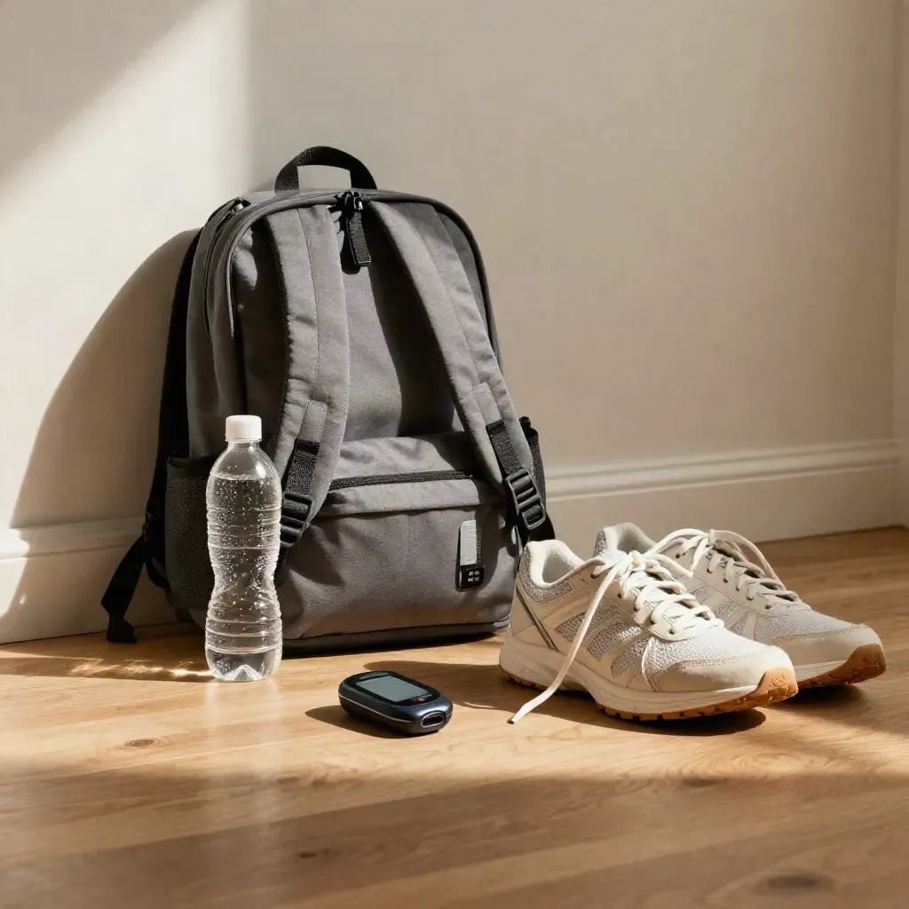 Kit diabétique d’ado prêt pour l’école et le sport, au sol près d’un mur de chambre.