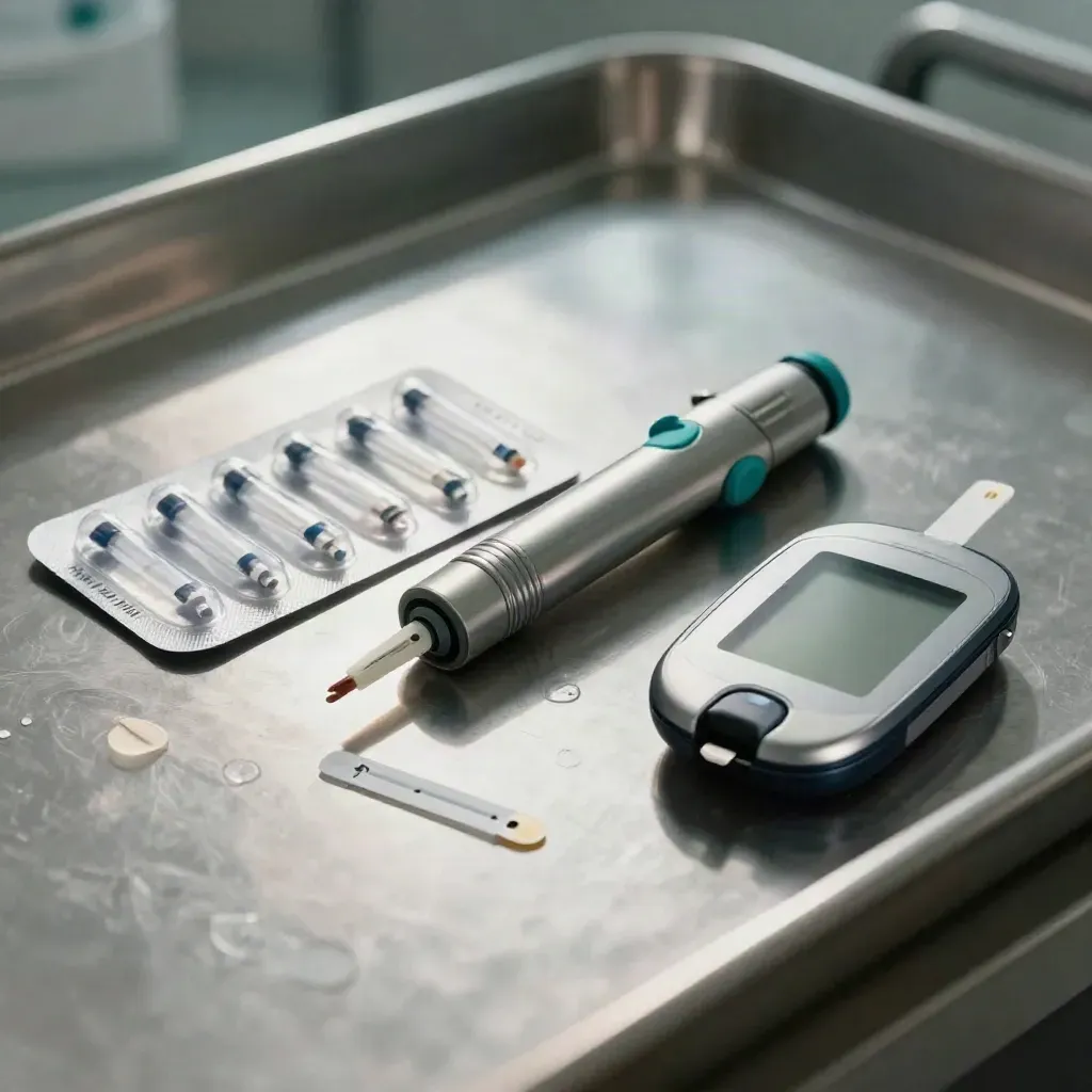 Accessoires du diabète sur acier brossé, avec capteurs CGM, bandelettes et lecteur compact.