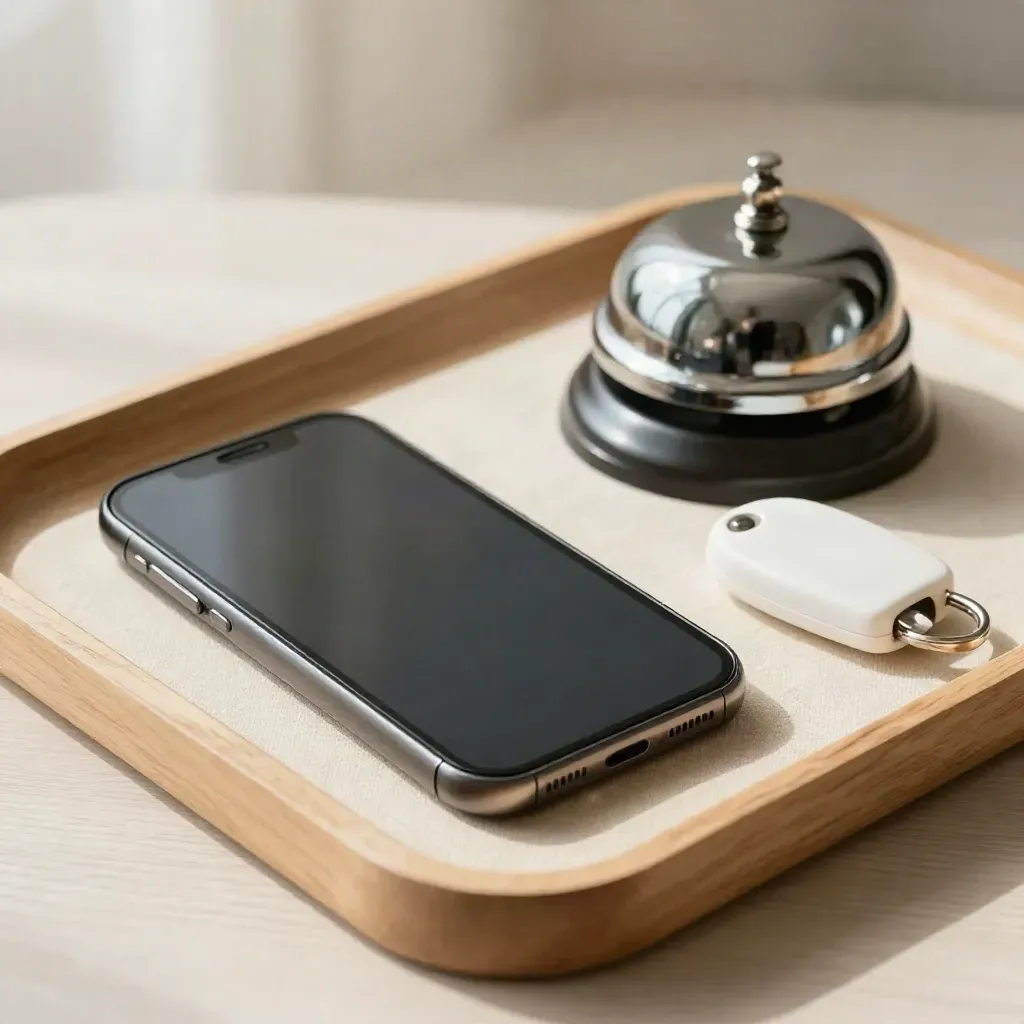 Smartphone, porte-clés de clinique et sonnette sur plateau clair, en attente de rendez-vous.
