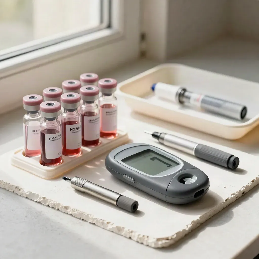 Vials HbA1c, lecteur de glycémie et stylo d’insuline sur fond clair.