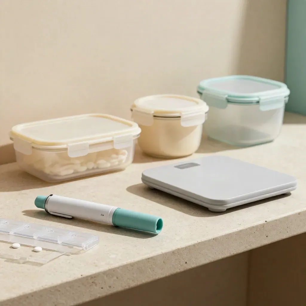 Styling médical sur étagère en pierre avec stylo insuline, pilulier, balance et boîtes repas.