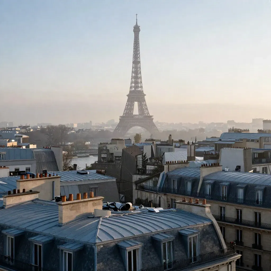 Toits de Paris au crépuscule, silhouette de la tour Eiffel et brume sur la Seine.