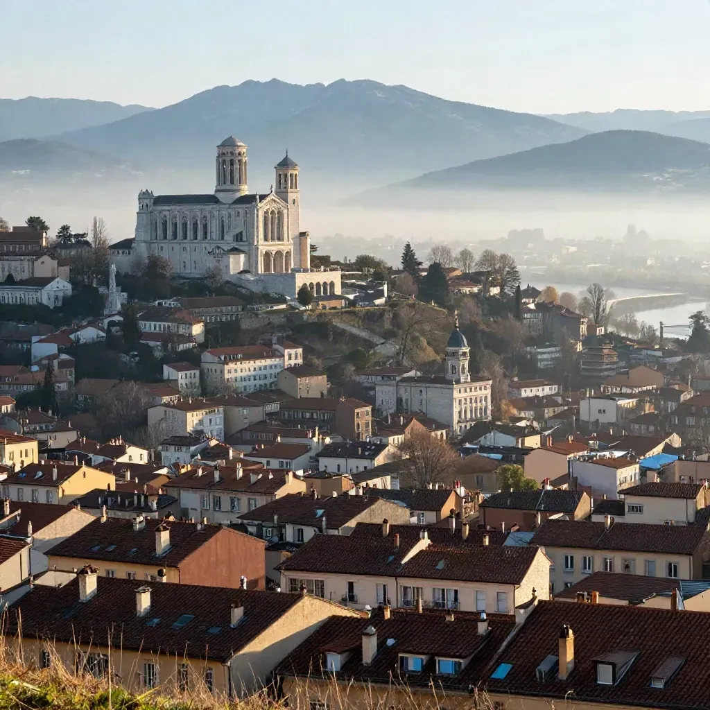 Lyon au lever du jour, Fourvière au-dessus des toits et des Alpes dans la brume