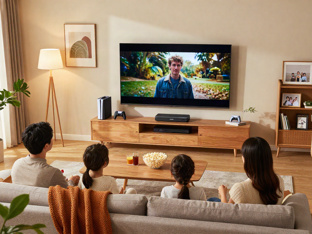 Configuration du salon avec l'Iron tv pro et une famille regardant un film ensemble.