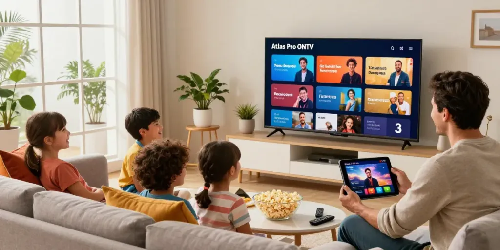 Famille profitant de l'application Atlas Pro ONTV sur Smart TV avec rires et moments de partage.