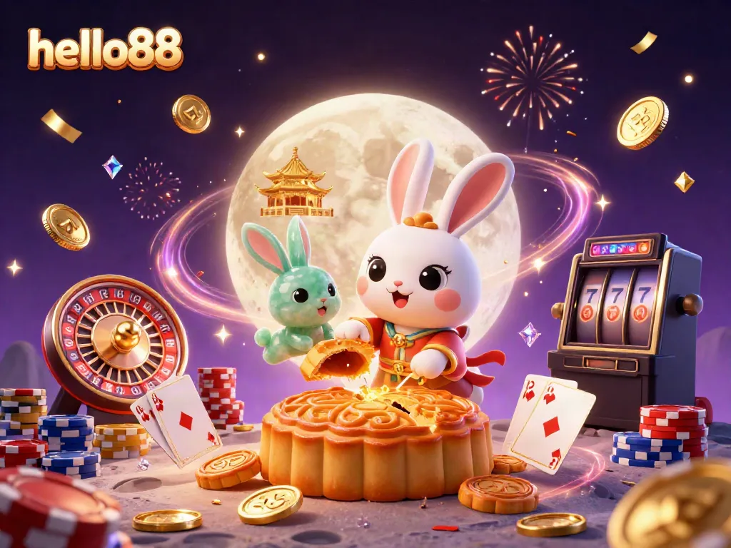 Experience the vibrant world of hello88 with a playful moon rabbit, golden coins, and exciting casino elements.