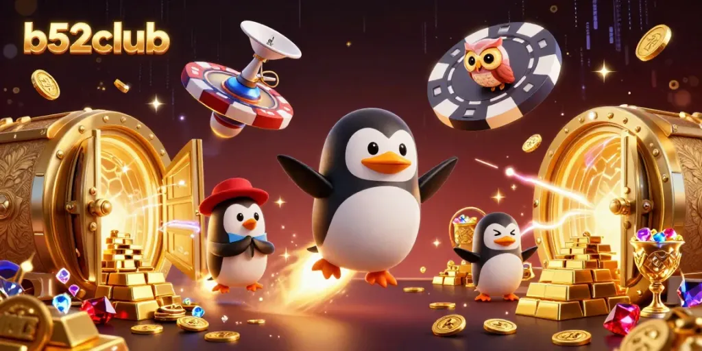 Engage with b52club's thrilling casino adventure powered by a golden penguin in a vibrant space.