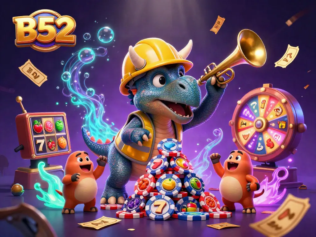 B52 casino excitement with cartoon characters building poker chip pyramids and engaging with vibrant slot elements.