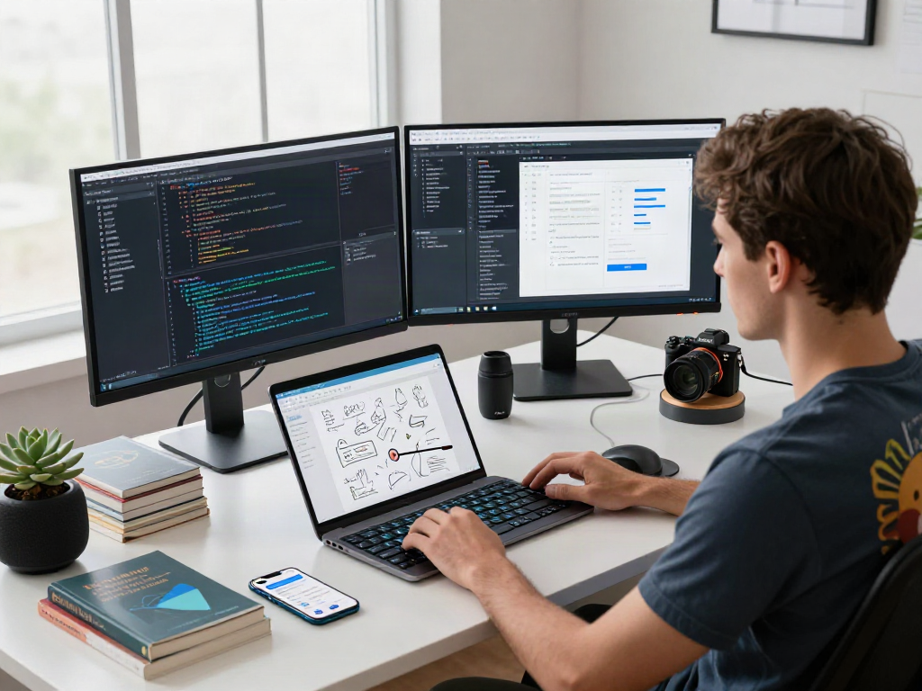 Développeur logiciel travaillant sur Atlas pro avec des écrans modernes et une atmosphère inspirante.