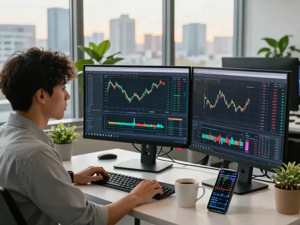Utilisation de la-essorinvexaro.com par un trader pour analyser les données et automatiser les transactions dans un bureau moderne.