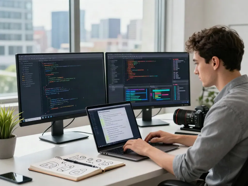 Dynamic workspace illustrating unfiltered AI chat interaction with modern tech.