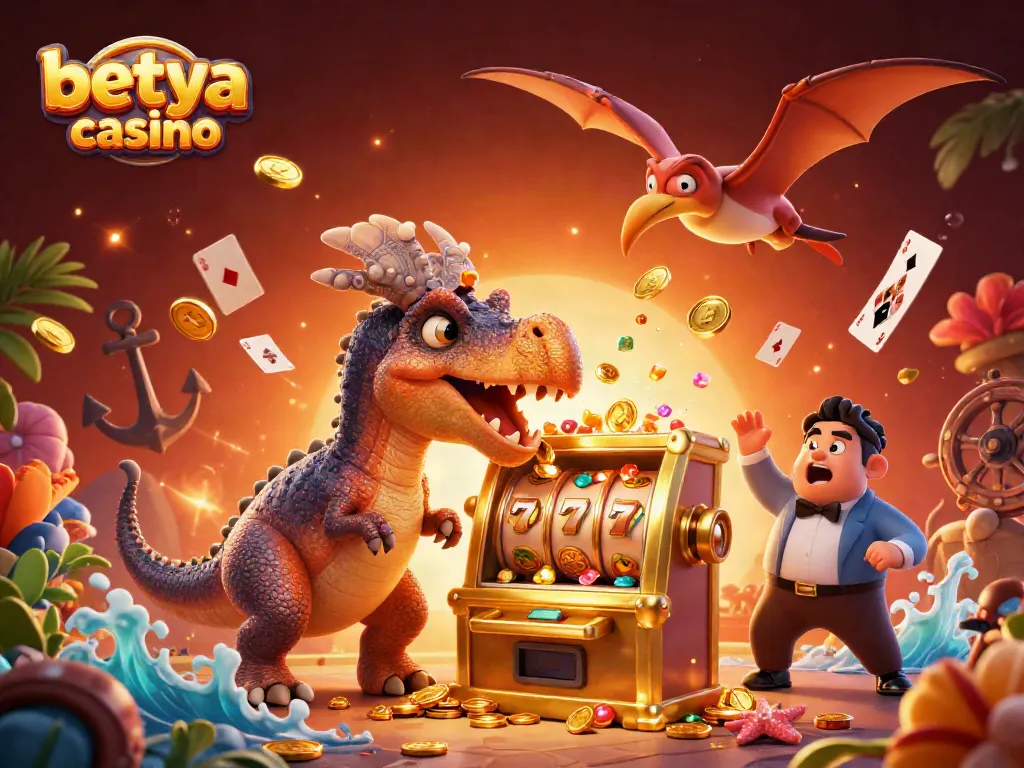 Experience the excitement of betya casino with vibrant characters amidst jackpot-winning elements in a dynamic scene.