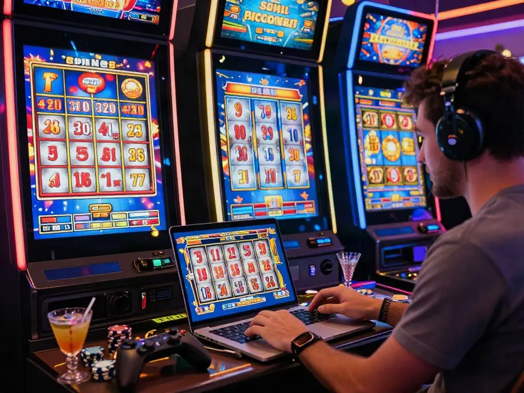 Joueur utilisant l'i24Slots Casino avec des machines à sous virtuelles en arrière-plan et ambiance festive.
